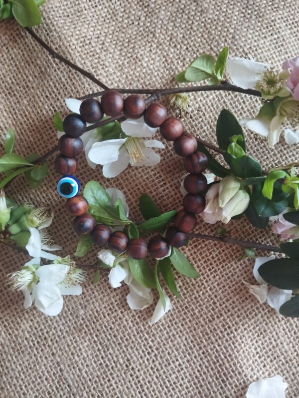 🧿🔵✨ Pulsera Elástica de Madera con Ojo Turco Protector ✨🔵🧿