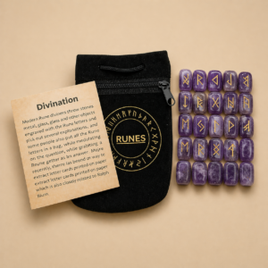 Runas Vikingas de Amatista Natural – Set de 25 Piedras Grabadas en Dorado