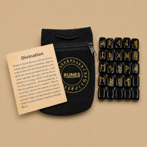 Runas Vikingas de Ágata Negra Natural – Set de 25 Piedras Grabadas en Dorado