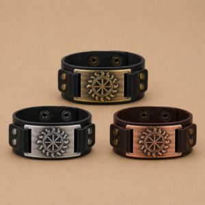 Pulsera Sol Negro de Cuero Unisex – Brazalete Nórdico Ajustable