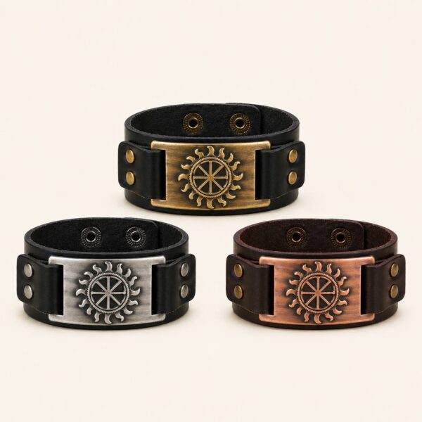 Pulsera Vikinga de Cuero con Símbolo Solar Nórdico