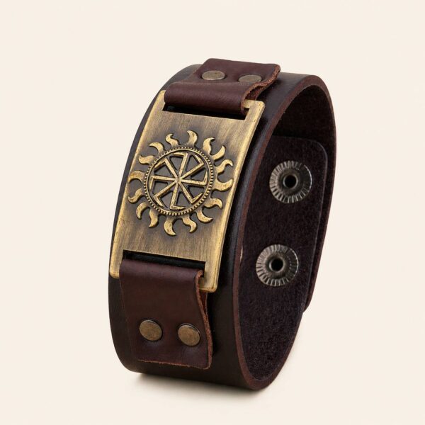 Pulsera Vikinga de Cuero con Símbolo Solar Nórdico