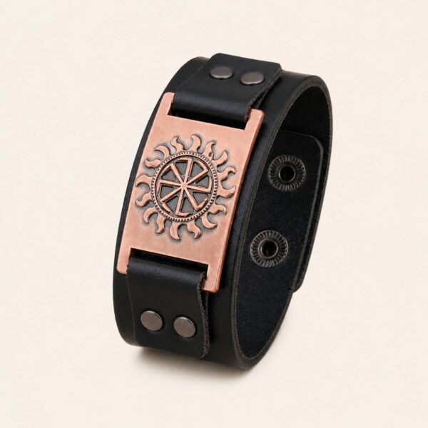 Pulsera Vikinga de Cuero con Símbolo Solar Nórdico
