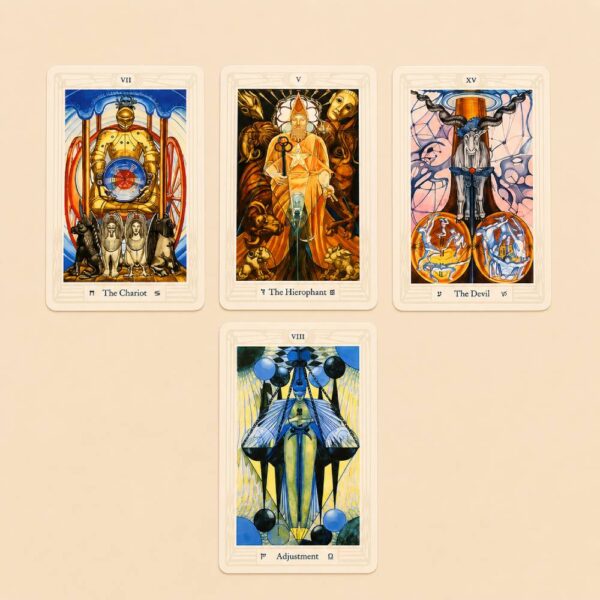 The Great Thoth Tarot – detalle de cartas Cartas The Great Thoth Tarot mostrando ilustraciones simbólicas del tarot esotérico