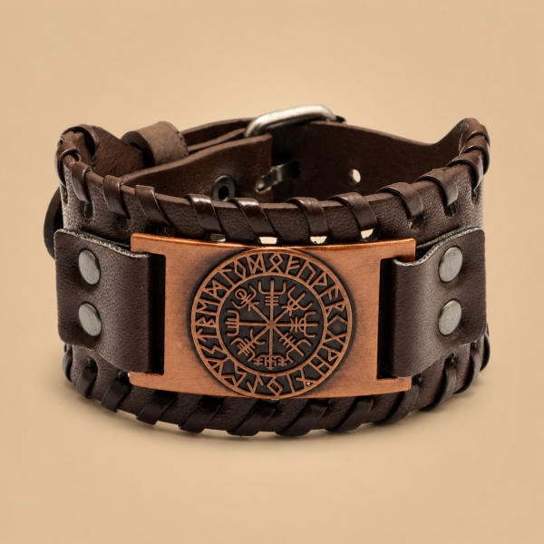 Pulsera Vegvísir de Cuero Unisex – Brazalete Vikingo Ajustable