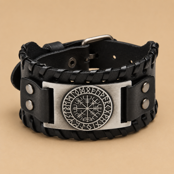 Pulsera Vegvísir de Cuero Unisex – Brazalete Vikingo Ajustable