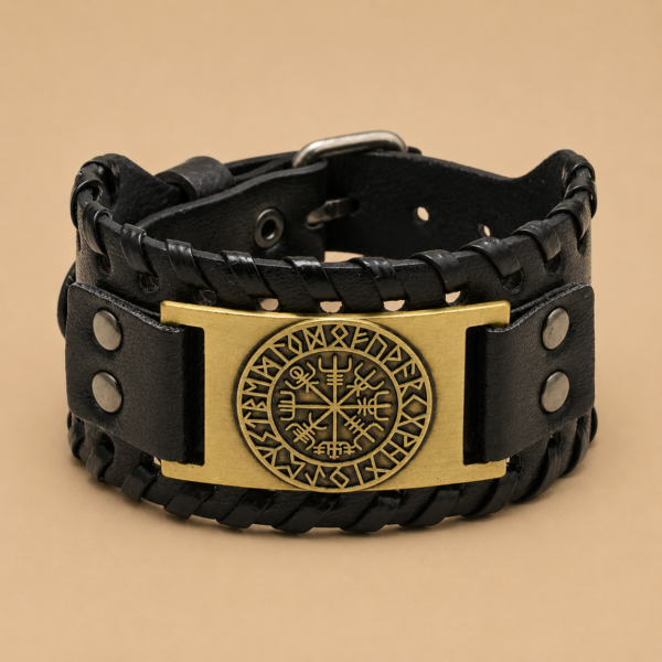 Pulsera Vegvísir de Cuero Unisex – Brazalete Vikingo Ajustable