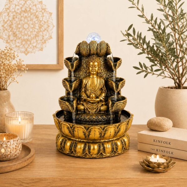 Fuente zen Buda cascada con suave movimiento de agua y efecto relajante