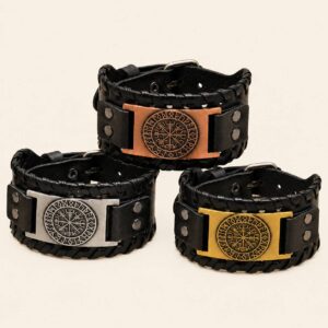 Pulsera Vikinga de Cuero con Símbolo Solar Nórdico
