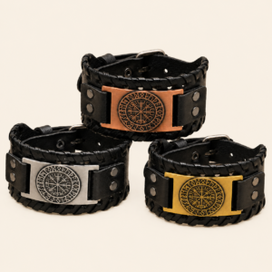Pulsera Vegvísir vikinga de cuero con placa metálica y símbolo nórdico