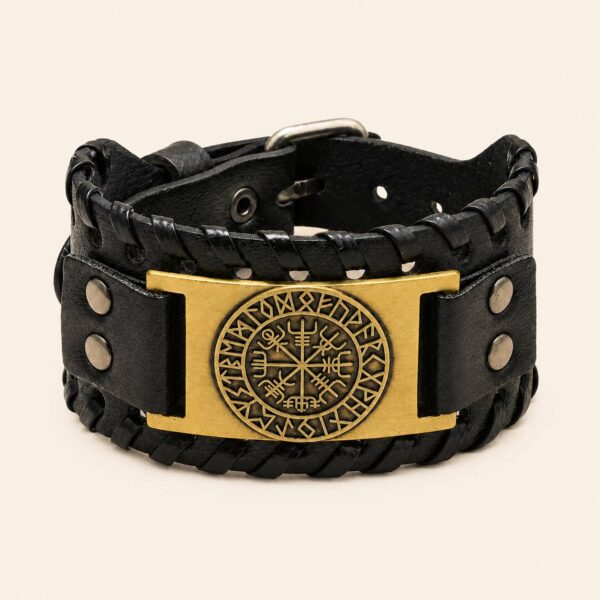 Pulsera Vikinga de Cuero con Símbolo Solar Nórdico
