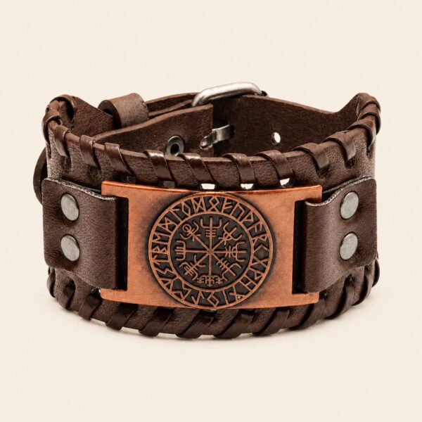 Pulsera Vikinga de Cuero con Símbolo Solar Nórdico