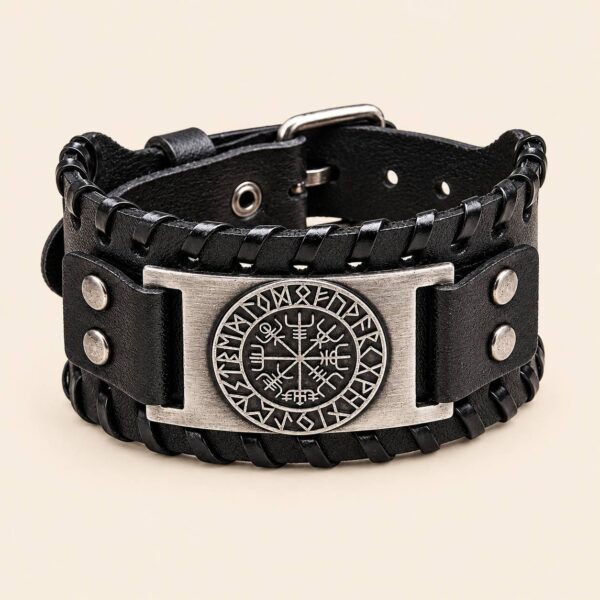 Pulsera Vikinga de Cuero con Símbolo Solar Nórdico
